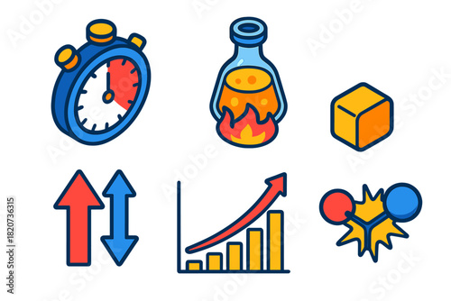 Accelerated Reaction Icons. Isometric vector illustration set Accelerated Reaction Rates: stopwatch timer, reaction vessel, energy
