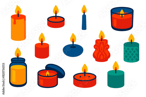 Modern Candle Icons. Flat vector icons of Candle Types: pillar candle, tealight, taper candle, container candle, votive candle,