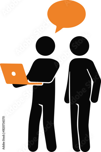 Two people discussing something while one holds a laptop isolated on white background