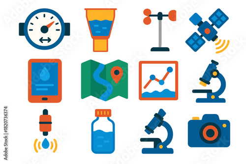 Hydrological Tool Icons. Flat vector icons of Hydrological Tools: Flow Meter, Rain Gauge, Weather Station, Satellite, Data Tablet,