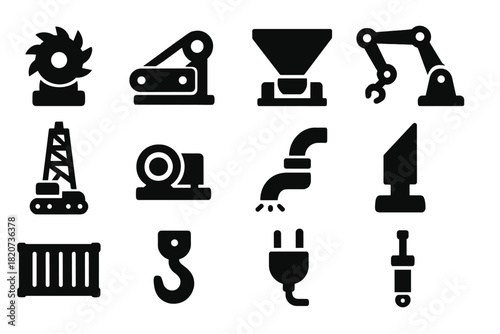 Mining Machinery Icons. Solid style icons of Mining machinery: cutter head, conveyor belt, hopper, robotic arm, drill rig, winch,