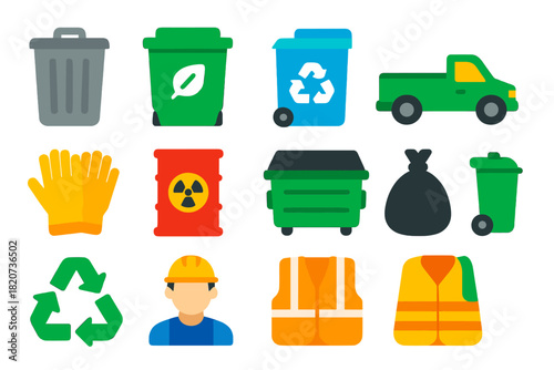 Waste Management Icons. Flat vector icons of Waste Management: Trash Bin, Compost Bin, Recycling Container, Pickup Truck, Gloves,