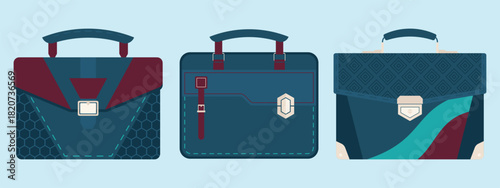 Business briefcase carry bag vector illustration set. Office workbag case design. Set of documents carrying briefcase bags. Modern fashion handy carry bag. Pattern corporate folder case.