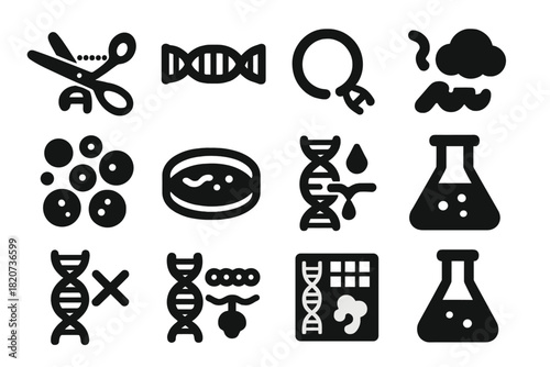 Genetic Engineering Icons. Solid style icons of genetic engineering: CRISPR scissors, gene cassette, plasmid, restriction enzyme,