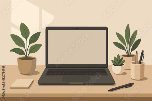 Stylish Office Workspace. Modern office desk setup vector illustration with a sleek laptop, potted plants, and stationery, soft