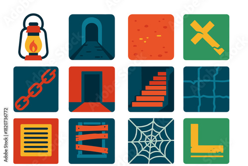 Sanatorium Icon Set. Flat vector icons of Forgotten Sanatorium Atmosphere: lantern light, echoing hallway, dusty floor, broken