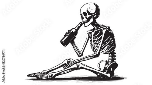 A skeleton sitting and drinking from a bottle, depicted in a black and white illustration.