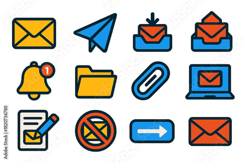 Bright Email Icons. Flat vector icons of Email Communication: Envelope, Paper Plane, Inbox, Outbox, Notification Bell, Folder,