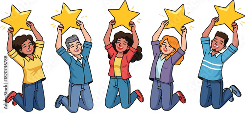 Diverse group of happy people jumping up and raising five golden stars, symbolizing a 5-star rating, excellent customer review, great success, high quality service, and achievement.