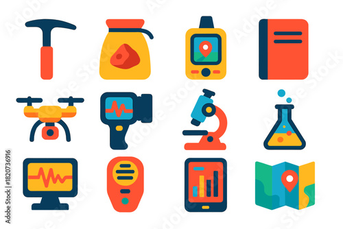Volcanic Research Icons. Flat vector icons of Volcanic Research Tools: Geological Hammer, Sample Bag, GPS Device, Field Notebook,
