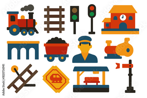 Railway Icon Set. Flat vector icons of railway development: steam locomotive, track, signal lamp, station, bridge, coal tender,
