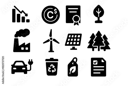 Carbon Policy Icons. Solid style icons of carbon management policies: emission reduction, carbon tax, offset certificate,