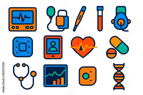 Astronaut Medical Icons. Flat vector icons of astronaut medical monitoring: ECG monitor, blood pressure cuff, thermometer, lab