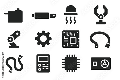Robotic Component Icons. Solid style icons of robotic components: servo motor, actuator, sensor, gripper, joint, gear, circuit