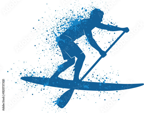 Paddleboarding silhouette, water sport vector, dynamic splash design, outdoor activity icon, blue tone artwork, athletic motion, adventure graphic, summer theme