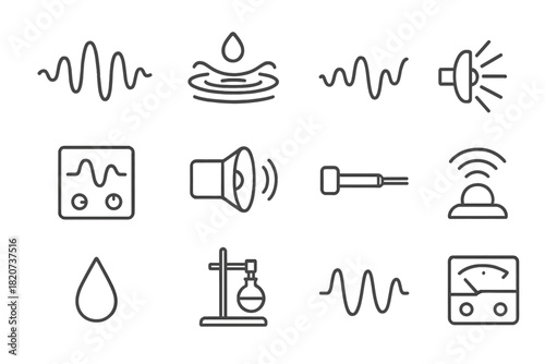 Sound Manipulation Icons. Line style icons of Sound Manipulation: Sound Wave, Standing Wave, Floating Droplet, Anti-Gravity Effect