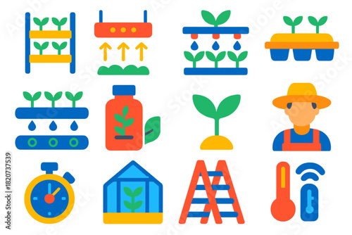 Vertical Farming Icons. Flat vector icons of Vertical Farming: Multi-tier Plant Rack, LED Grow Light, Watering System, Seedling