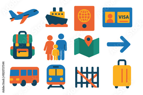 Migration Icons Set. Flat vector icons of Migration: Airplane, Ship, Passport, Visa, Backpack, Family Icon, Map, Direction Arrow,