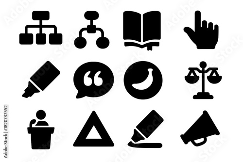 Rhetoric Technique Icons. Solid style icons of rhetoric techniques: argument chart, logic diagram, storytelling book, gesture hand