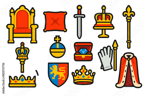 Regal Icons Collection. Flat vector icons of Thrones & Regalia: golden throne, velvet cushion, ceremonial sword, crown stand,