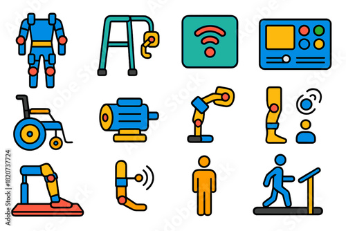 Rehabilitation Robot Icons. Flat vector icons of Rehabilitation Robots: Exoskeleton, Walking Frame, Sensor, Control Panel,