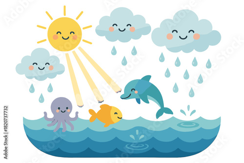 Joyful Ocean Cycle. Climate cycle ocean scene with sunbeams, smiling clouds, raindrops falling into waves, and joyful sea life No