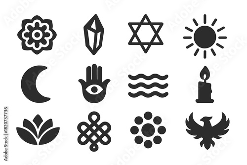 Visionary Symbols Icons. Solid style icons of Visionary Symbols: Mandala, Crystal Shard, Sacred Geometry, Radiant Sun, Crescent