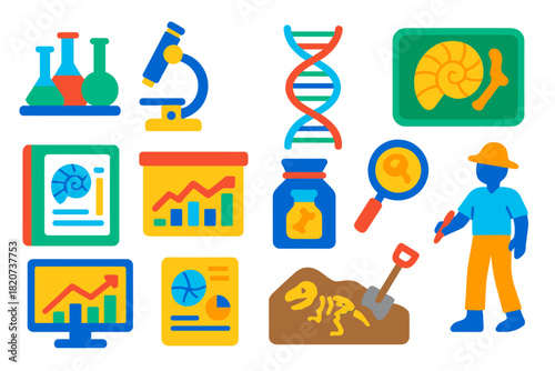 Paleontology Icon Set. Flat vector icons of Paleontological Research: Laboratory, Microscope, DNA Helix, Fossil Tray, Notebook,