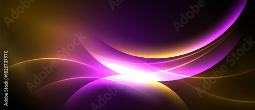 Abstract design features vibrant curves, gradients. Purple, gold hues dominate, creating luminous effect. Smooth shapes suggest movement, energy.