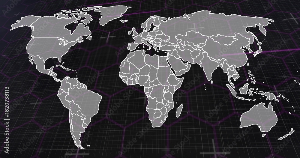 Obraz premium Displaying rendered world map tilting across dark grid, with white borders and magenta highlights