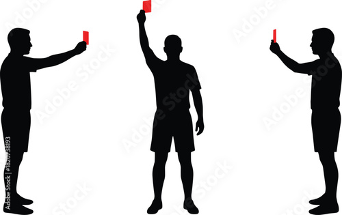 Red card silhouette, referee action vector, sports decision graphic, football penalty icon, authority gesture, athletic illustration, match control symbol, bold design