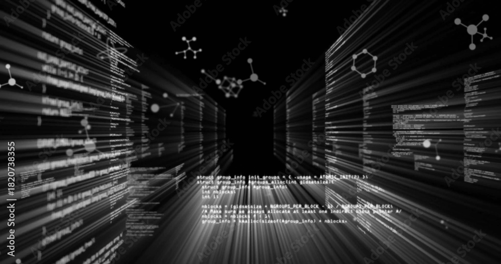 Fototapeta premium Streaming central data corridor converging in data tunnel, showing code panels, nodes, dark void