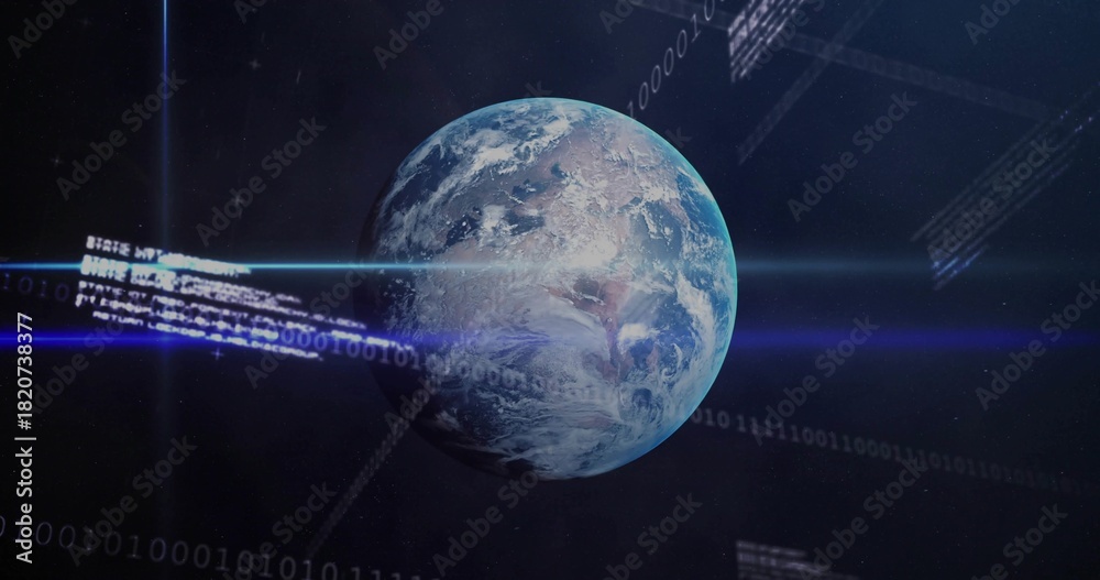 Obraz premium Orbiting Earth glowing with atmospheric halo in space displaying blue lens flares, binary grid