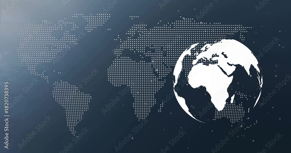 Obraz premium Displaying white globe occupying right on dark blue gradient, dotted halftone map left, copy space