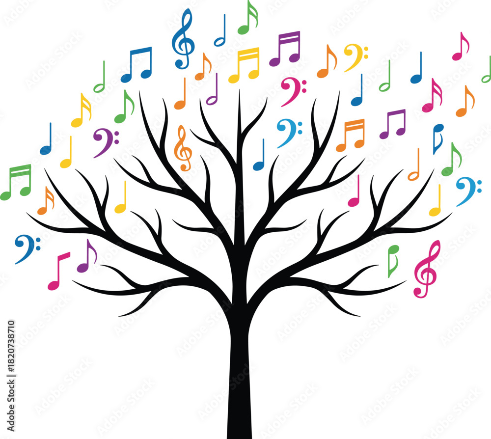 Fototapeta premium Tree, music, notes, abstract, colorful, creative, design, nature, sound, melody, harmony, vibrant, rhythm, branches, musical, composition, clef, illustration, artistic, expression, education, symbol