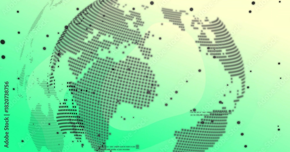 Fototapeta premium Rotating stylized dotted globe showing dot continents in digital UI, with markers and dashed lines