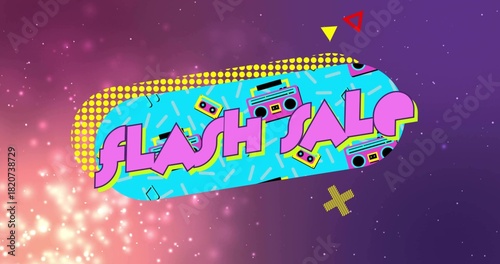 Featuring central turquoise capsule displaying FLASH SALE text on retro poster, with boombox icons