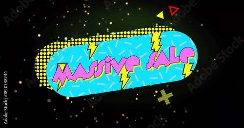 Showing cyan capsule banner displaying MASSIVE SALE on dark background with halftone dots and bolts