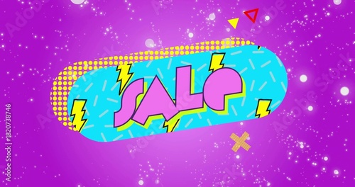 Featuring cyan pill banner declaring SALE on promotional poster, with pink letters, yellow bolts