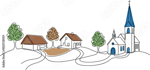 Village scene illustration, stylized rural drawing, church and houses vector, whimsical landscape design, artistic countryside artwork, minimal nature concept graphic