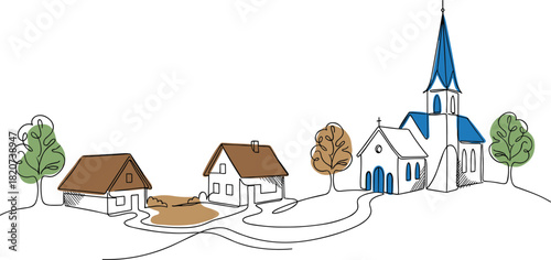 Village scene illustration, stylized rural drawing, church and houses vector, whimsical landscape design, artistic countryside artwork, minimal nature concept graphic
