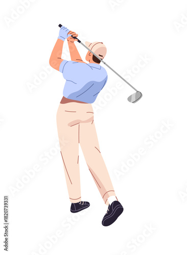 Golf player hits golfball back view. Man in uniform swings to putt ball with club to hole. Professional golfer plays sports game on course. Flat isolated vector illustration on white background