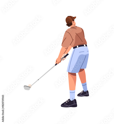 Professional gold player swings and hits golfball back view. Young man putts ball with club. Golfer plays sports game, aims for hole on course. Flat isolated vector illustration on white background