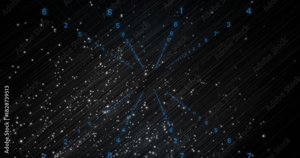 Fototapeta premium Displaying radial lines converging on central node in dark display, with blue numerals and stars