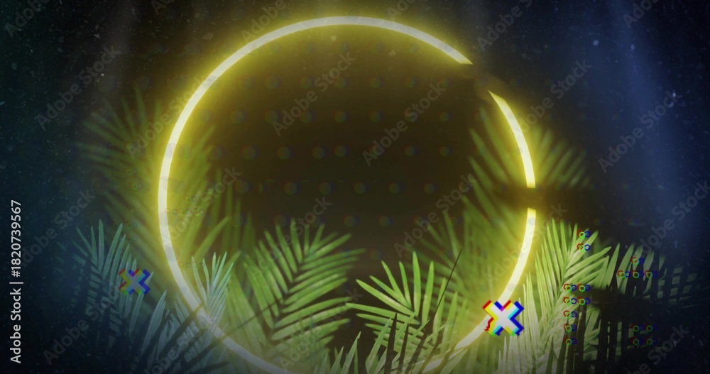 Obraz premium Glowing partial yellow neon ring dominating graphic stage backdrop, with palm fronds and glitch Xs