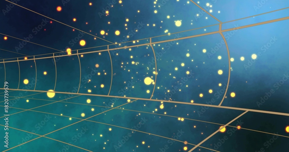 Fototapeta premium Flowing gold grid tunnel pulling glowing yellow orbs and spark particles through digital corridor