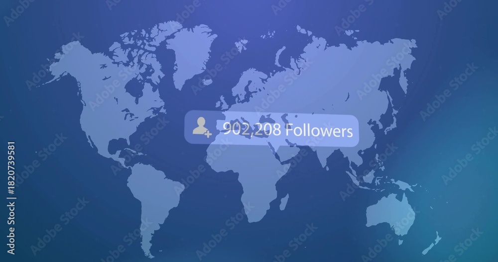 Obraz premium Displaying translucent follower bubble over world map, showing user-plus icon and 902,208 Followers