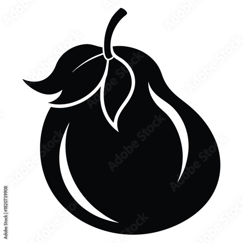 A minimalist black silhouette of a pear with stem and leaves is showcased