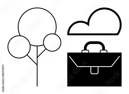 Stylized black-white tree, cloud, and briefcase representation. Ideal for sustainability, balance, minimalism, ecology, work-life harmony renewable ideas eco-business. Simple flat metaphor