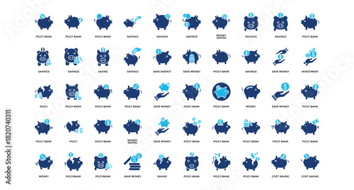 Piggy bank icon set collection. Containing invest, trust, value, arrows, loss, management, note .Solid vector icons collection
